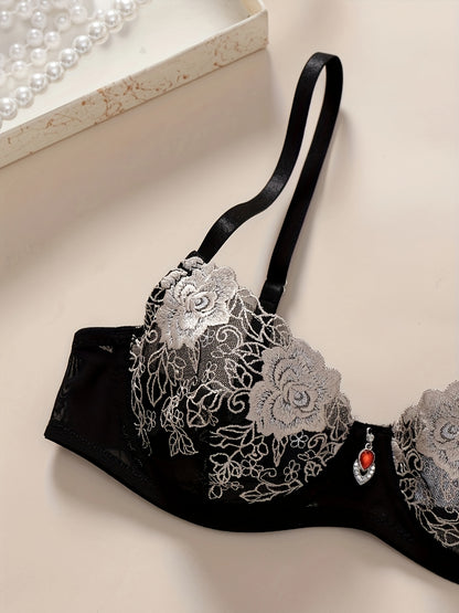 Stylish Black & White Floral Lingerie Set - Double-Layer Bra & Thong, Non-Padded, Polyester & Elastane, Hand Washable - Sexy Semi-Sheer Adult Ensemble