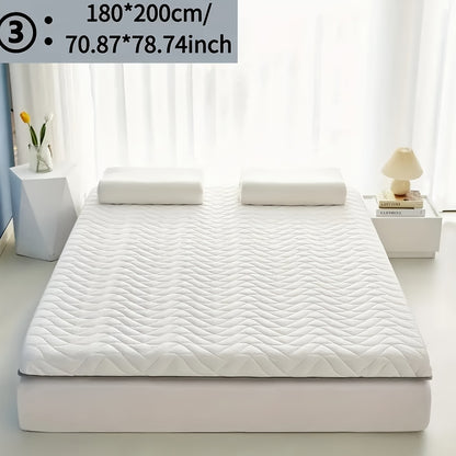 Mattress pad, 6-8cm thick, high elastic, breathable, non-slip, foldable, spot-clean, 100% polyester, woven fabric, 200-250gsm. Pillow not included.