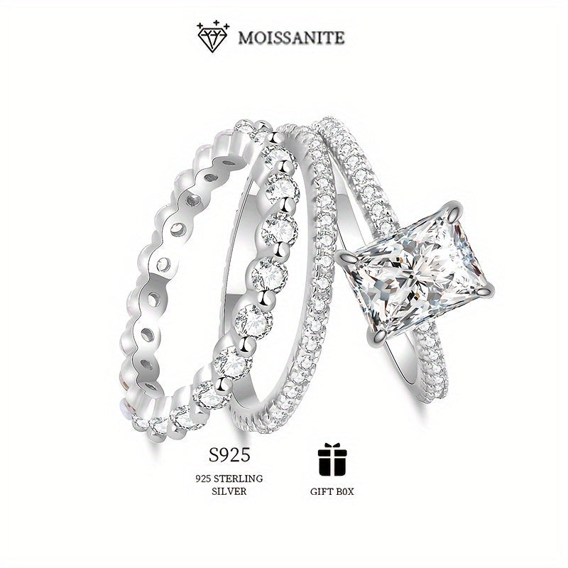 3-Piece Set of Classic Princess Beaded Stacking Rings for Women, featuring 2ct and 3ct Rectangular Moissanite Stones in Hypoallergenic 925 Sterling Silver. Perfect Valentine's Day Gift, Engagement, or Wedding Ring. Includes Moissanite Certificate and