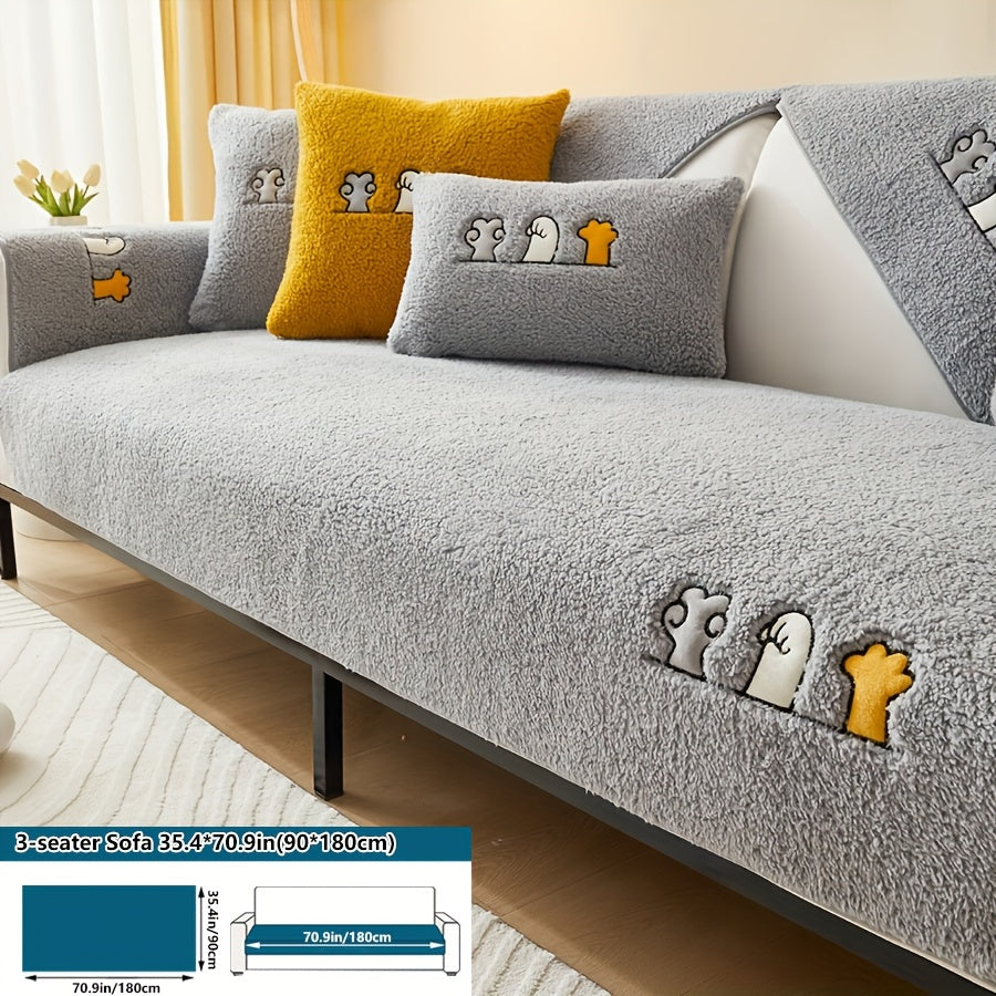 Luxurious faux lamb plush sofa cover for winter, pet-friendly and machine washable. Provides scratch protection and fits single to four-seater sofas, bedroom, and cushion.