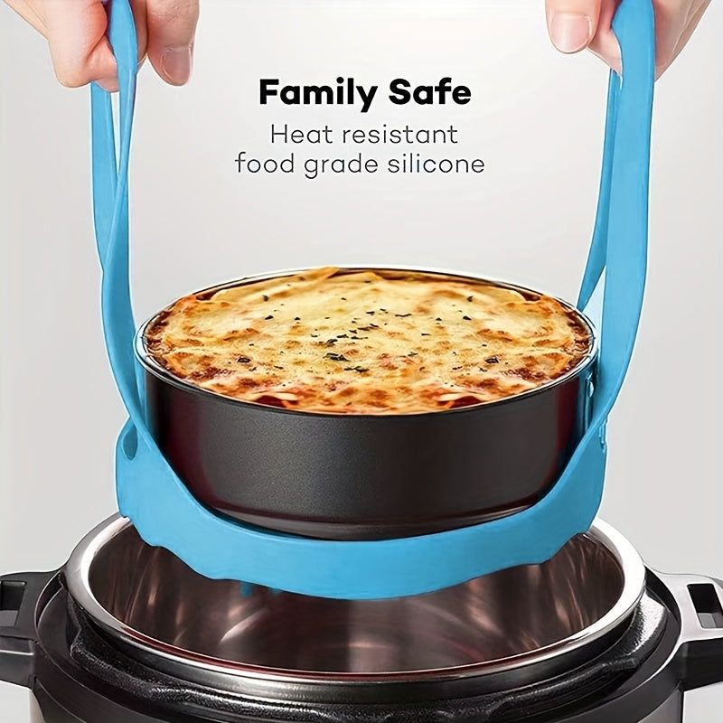 Silicone pressure cooker sling designed for 6 Qt/8 Qt Instant Pot, Ninja Foodi & Multi-Function Cookers. Features non-stick material and anti-scald design for safer lifting and handling of bakeware. Can be used as a steamer rack for cheesecake, lasagna