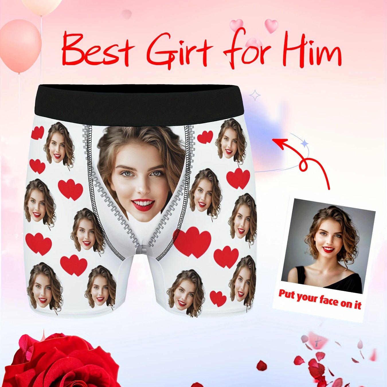 Personalized men's briefs with custom photos- perfect gifts for boyfriends or husbands on Valentine's Day.