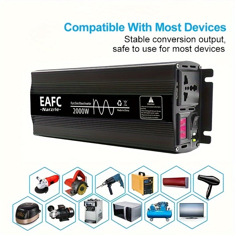 Car power inverter converts DC 12V to AC 220V without battery, with peak power options of 4000W, 3000W, and 2000W in pure sine wave.