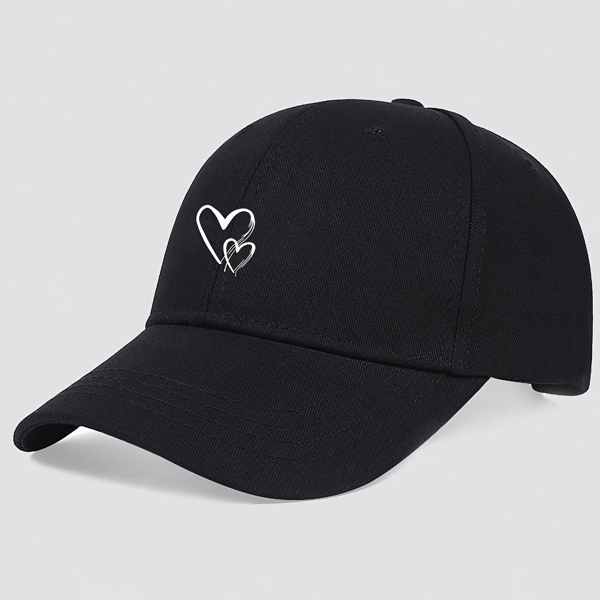 Women's Adjustable Baseball Cap with Love Heart Print - Black Sun Hat for Travel, Vacation & Casual Attire, Breathable Polyester Design