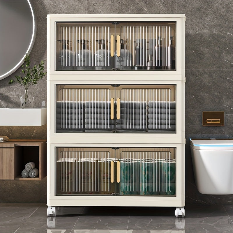 Foldable plastic storage cabinet with multiple layers for easy assembly and space-saving organization. No power required, ideal for home storage on desks and drawers.