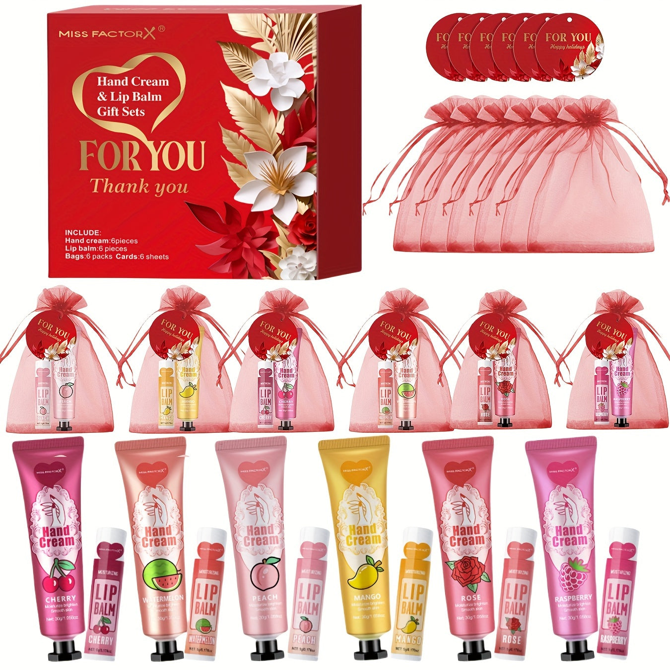 24-Pack Miss FactorX Hand Cream & Lip Balm Gift Set with 6 flavors, ideal for all skin types. Includes thank you cards and organza bags. Perfect for wedding favors, Valentine's Day, and New