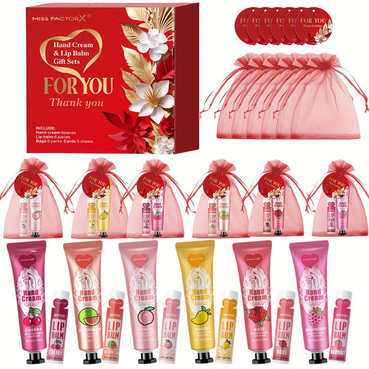 24-Pack Miss FactorX Hand Cream & Lip Balm Gift Set with 6 flavors, ideal for all skin types. Includes thank you cards and organza bags. Perfect for wedding favors, Valentine's Day, and New