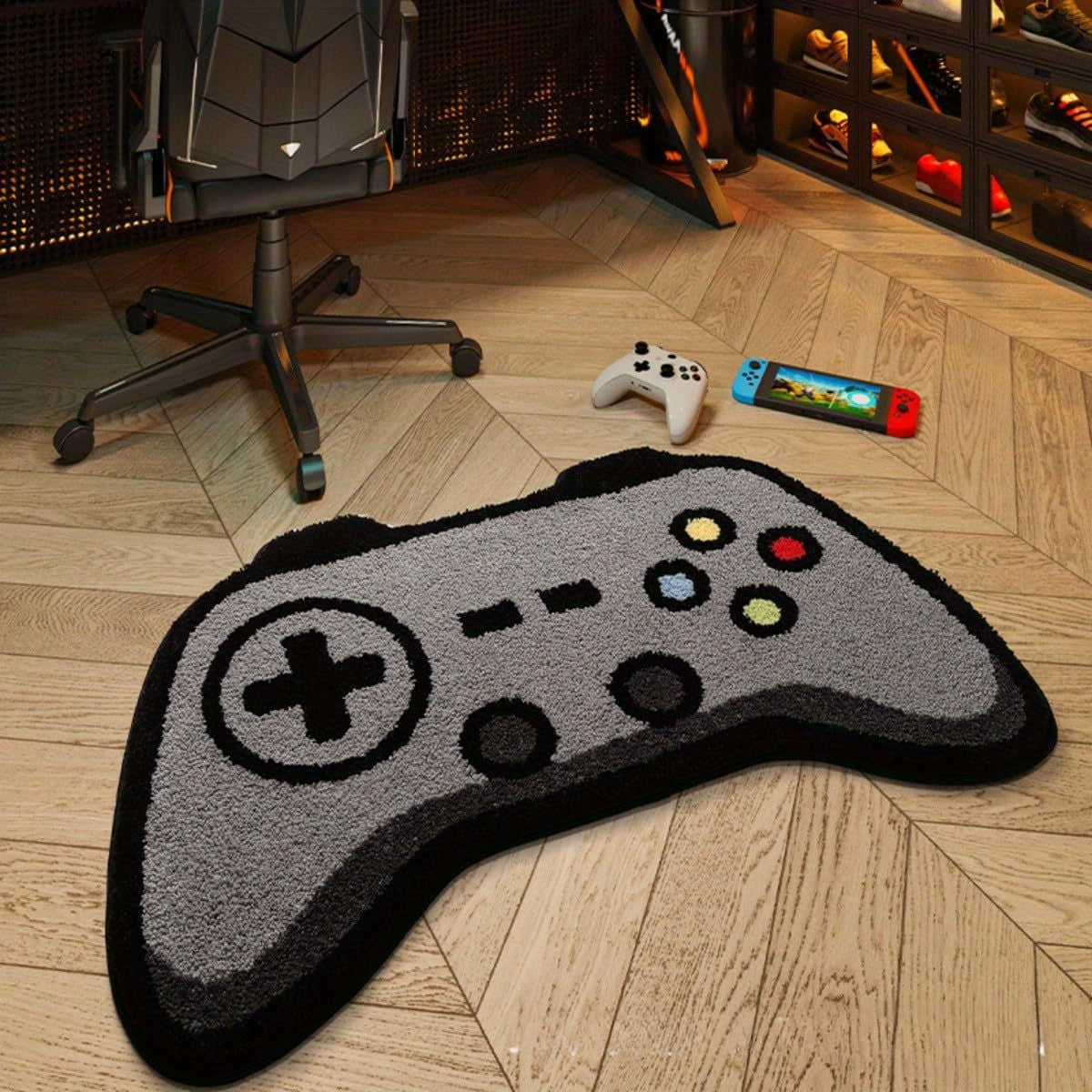 Faux fleece rug in the shape of a game controller, measuring 60.96 x 91.44 cm. Features a 3D design and soft texture, perfect for gaming enthusiasts. Can be hand washed and used as a bedroom floor mat or living room sofa table decor.