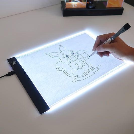 Thin, portable LED tracing light pad ideal for art, tattoo, drawing, sketching, animation, and stenciling. Adjustable brightness, USB powered, acrylic material. Perfect for detailed artwork