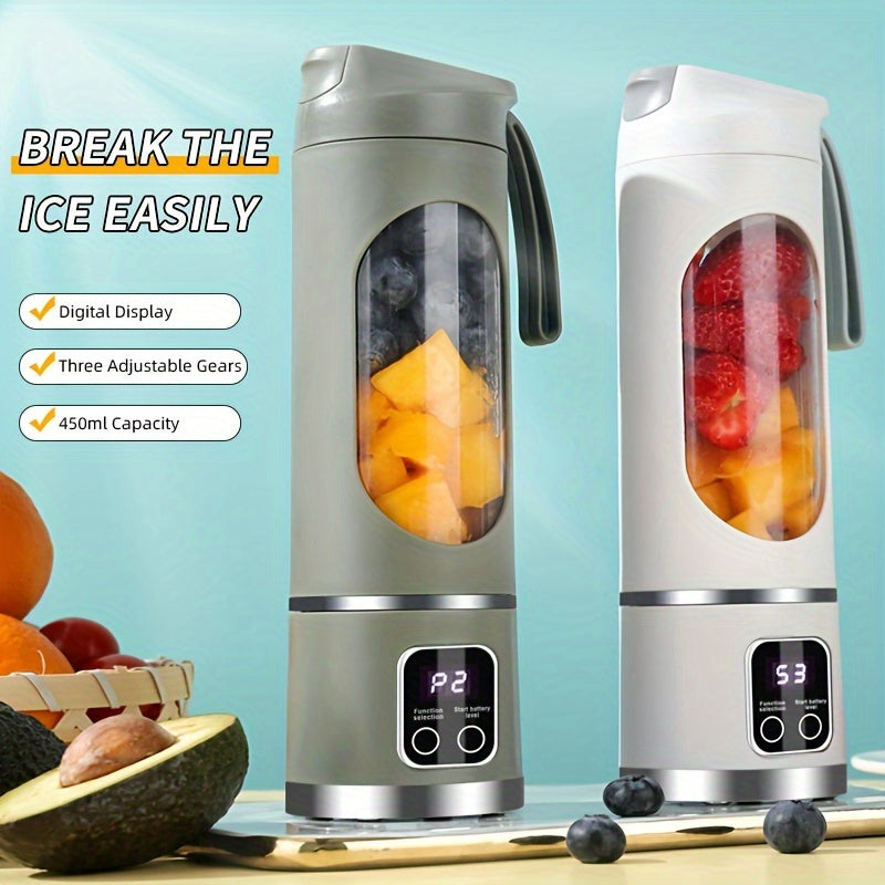 One piece USB Rechargeable Portable Juicer, Mini Blender and Ice Crusher with Three Modes, Digital Display and 12-Blades. Easy to clean and suitable for travel, this Fresh Juice Maker is a convenient addition to your kitchen.