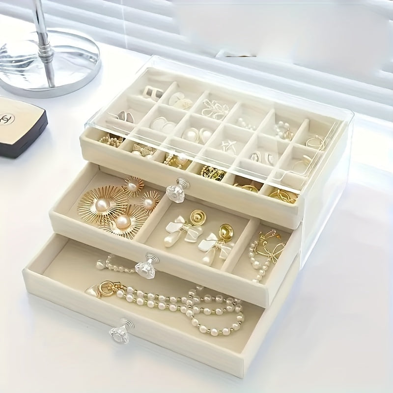 3-Layer Acrylic Jewelry Box with Flannel Lining and Large Capacity Drawer Organizer | Transparent Design with Dust Protection | Ideal for Earrings, Necklaces, and Rings.