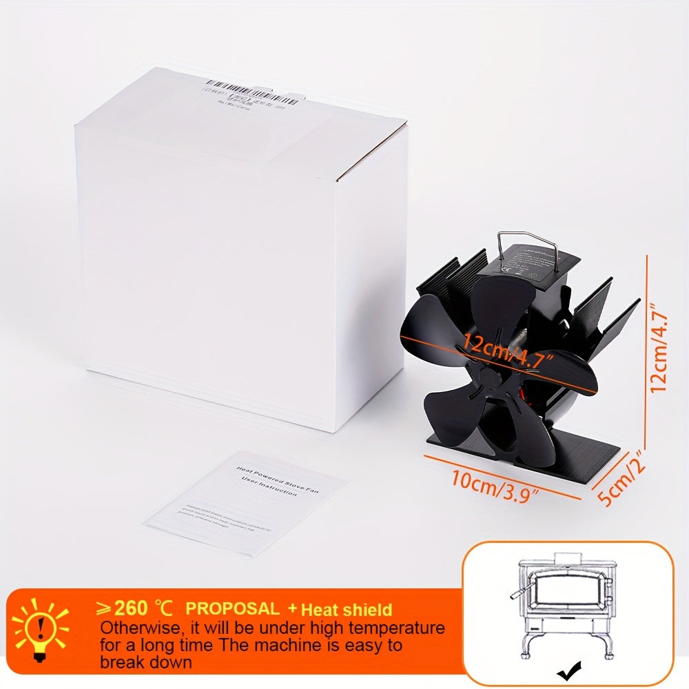 This portable metal fireplace fan features 5 blades for optimal heat distribution. The YL222 mini table fan operates without the need for electricity and includes multiple components for convenience. It provides efficient heat preservation, operates