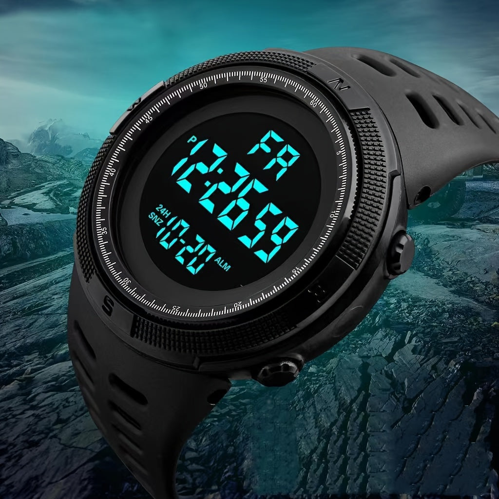 A versatile and stylish outdoor sports watch for men, featuring multiple functions and a luminous display.