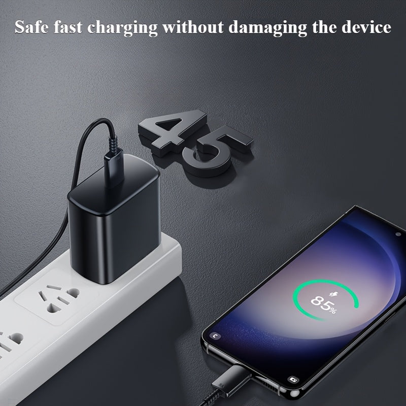 45W USB-C Fast Charger for Samsung and iPhone devices with PPS/PD charging, compact black design.