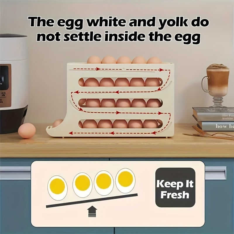 Egg holder for refrigerator with large capacity, stackable design. BPA-free plastic and no batteries required. Keep eggs fresh in the kitchen fridge.