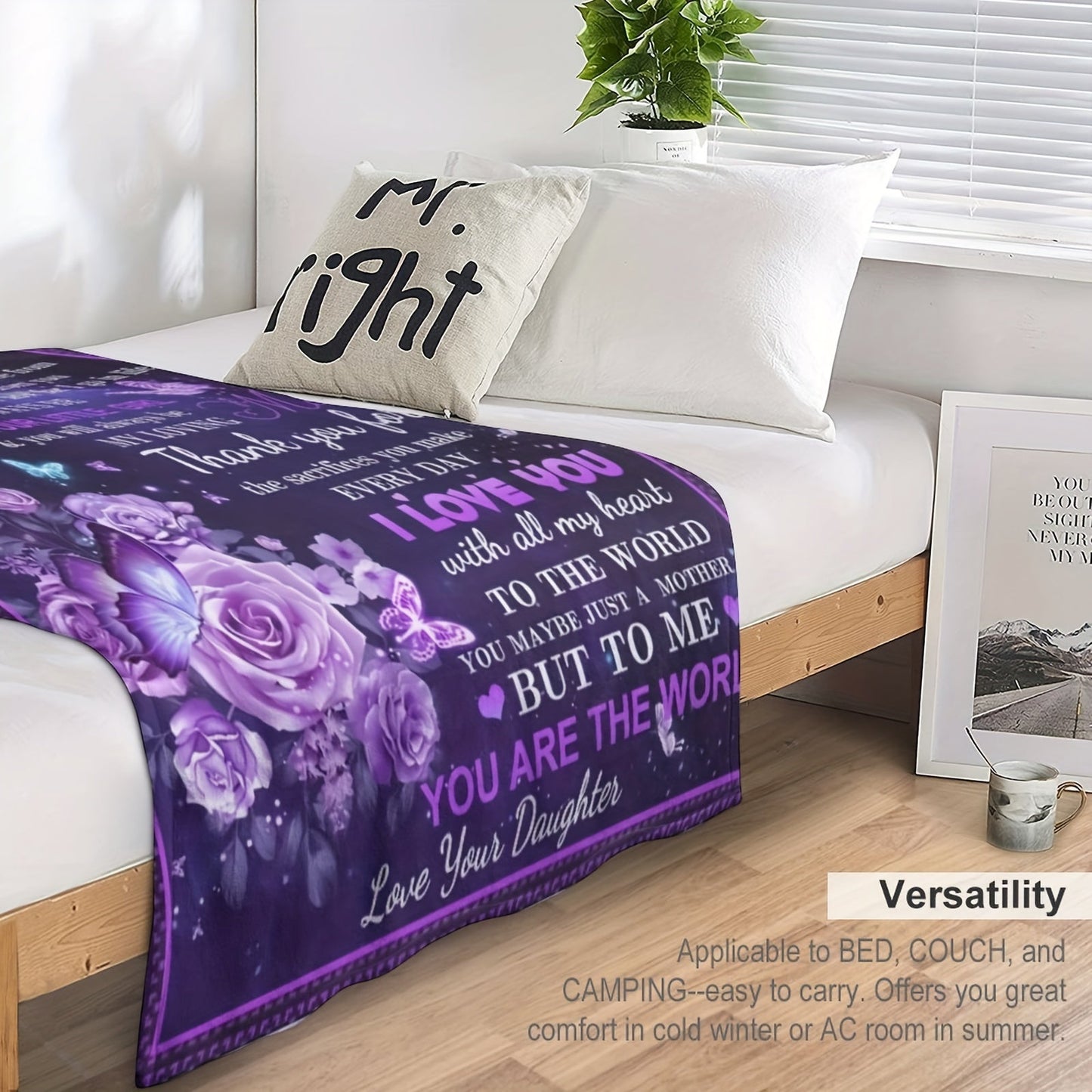 Beautiful Purple Flowers and Butterfly Print Blanket - A Special Gift for Mom from Daughter! Warm and Soft Throw Blanket to Show Your Love and Appreciation. Perfect for Mother's Day, Birthday, or Women's Day!