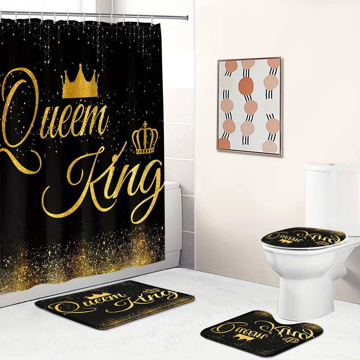 Royal shower curtain set with hooks, bathroom rugs, and crown motif design. Water-resistant polyester, machine washable. Includes non-slip U-shaped mat and toilet lid cover.