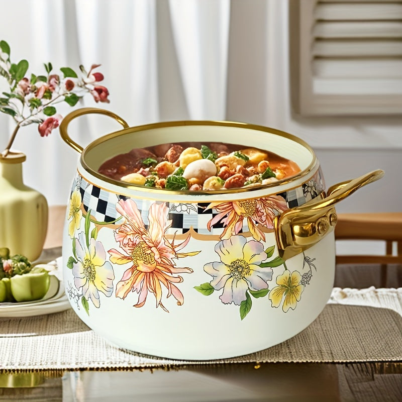 French Daisy Stockpot with Lid, featuring Enamel Coating and Induction Compatibility, adorned with a Beautiful Floral Design - No Electricity Required, making it Ideal for Cozy Fall Evenings.