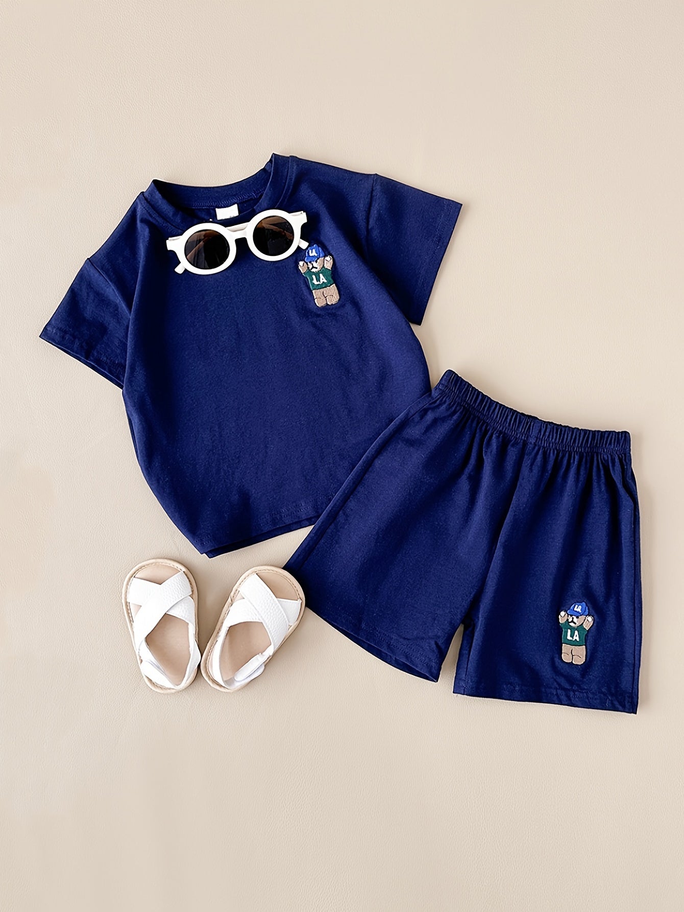 Men's and Women's Kids' Casual Bear Short Sleeve Shorts Set