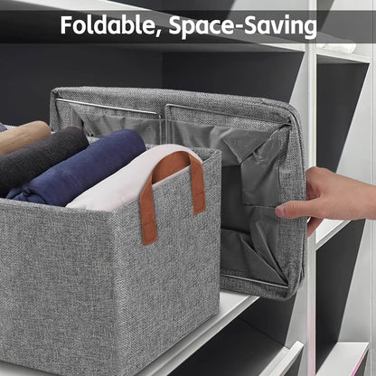 Set of 2 foldable storage bins with metal frame, fabric boxes for clothes, moisture-resistant, versatile closet organization with handles.