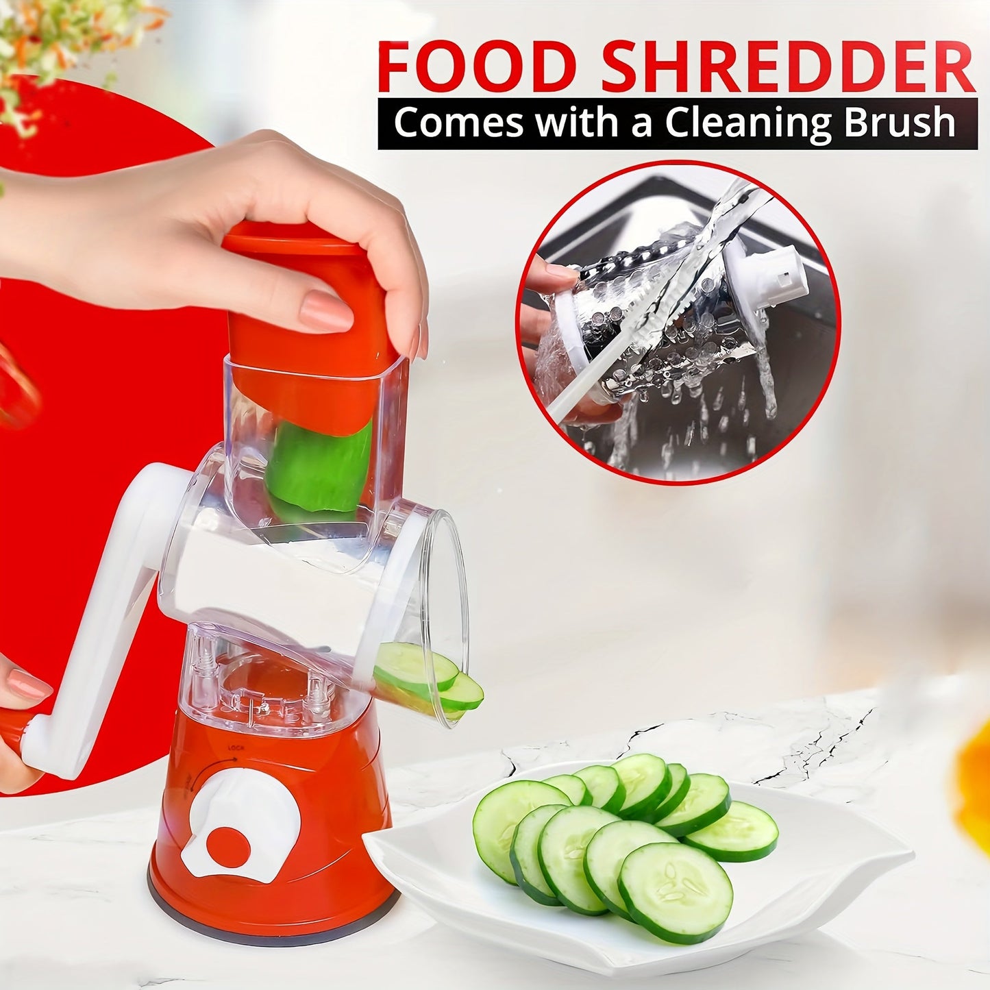 One piece of a durable plastic 3-blade fruit and veggie slicer and shredder, suitable for food-grade use in home kitchens, restaurants, and baking. This versatile tool is easy to assemble and perfect for all types of food preparation.