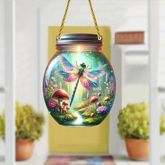 One whimsical WhimsyWoods acrylic suncatcher featuring a dragonfly and mushroom eco-bottle theme. Perfect for adding charm to your home or garden decor. Can also be used as a farmhouse Thanksgiving wreath hanging ornament. Makes a festive gift for both