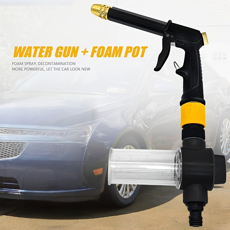 Long pole car wash water gun with foam tank for multifunctional spraying needs. Suitable for car wash, flower watering, garden irrigation with high pressure spray and foam tank set. Easy