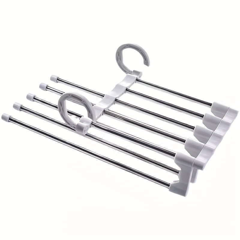 1 Stainless steel trouser hanger with 9 layers, anti-slip coating, 5 hooks; saves space and reduces clutter by 80% for tights, jeans, etc.