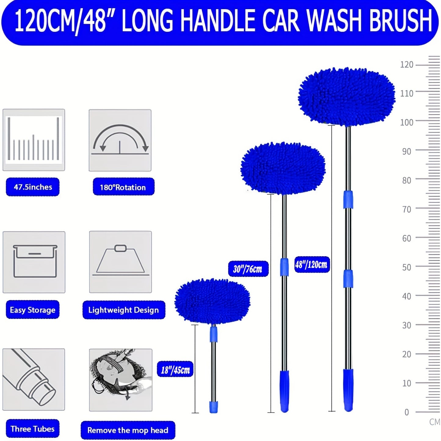 121.92cm Car wash brush mop with long handle kit for cleaning cars, trucks, SUVs, RVs, trailers, and boats. Includes 2-in-1 chenille microfiber sponge duster that is scratch-free.