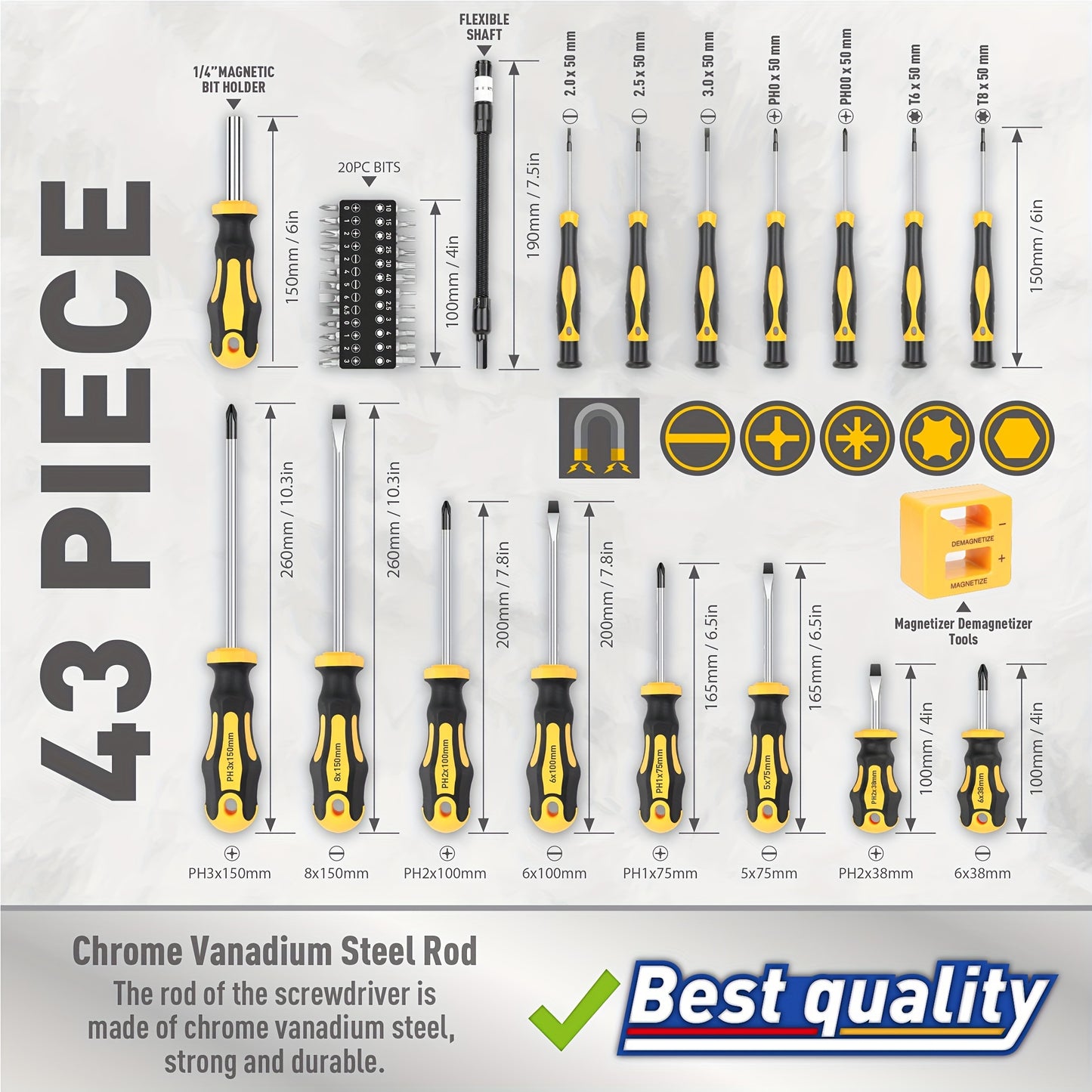 43pc Professional Screwdriver Set with Magnetic Bit Holder - Chrome Vanadium Steel, Includes Various Bits & Precision Tools - Durable Repair Kit for DIY & Industrial Use