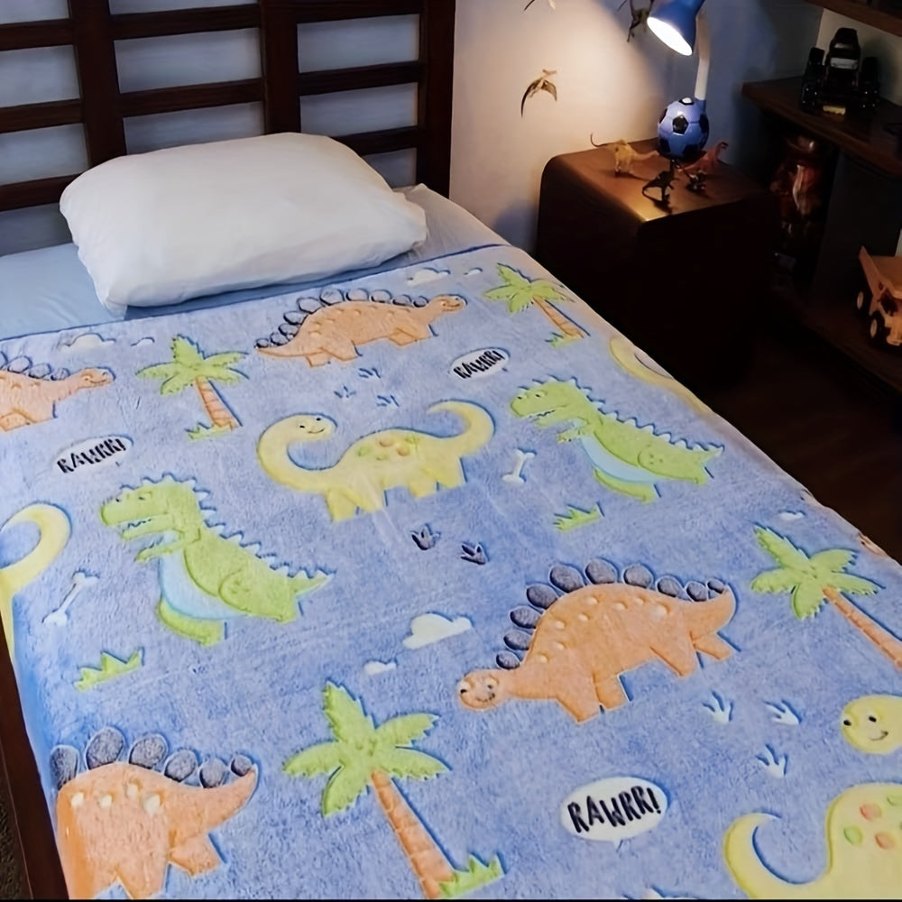 Soft Glow-in-the-Dark Dinosaur Blanket for Kids - Features Cute Cartoon Dinos and Palm Trees - Cozy, Lightweight, and Hypoallergenic - Perfect Gift for All Ages - Available in 3 Sizes