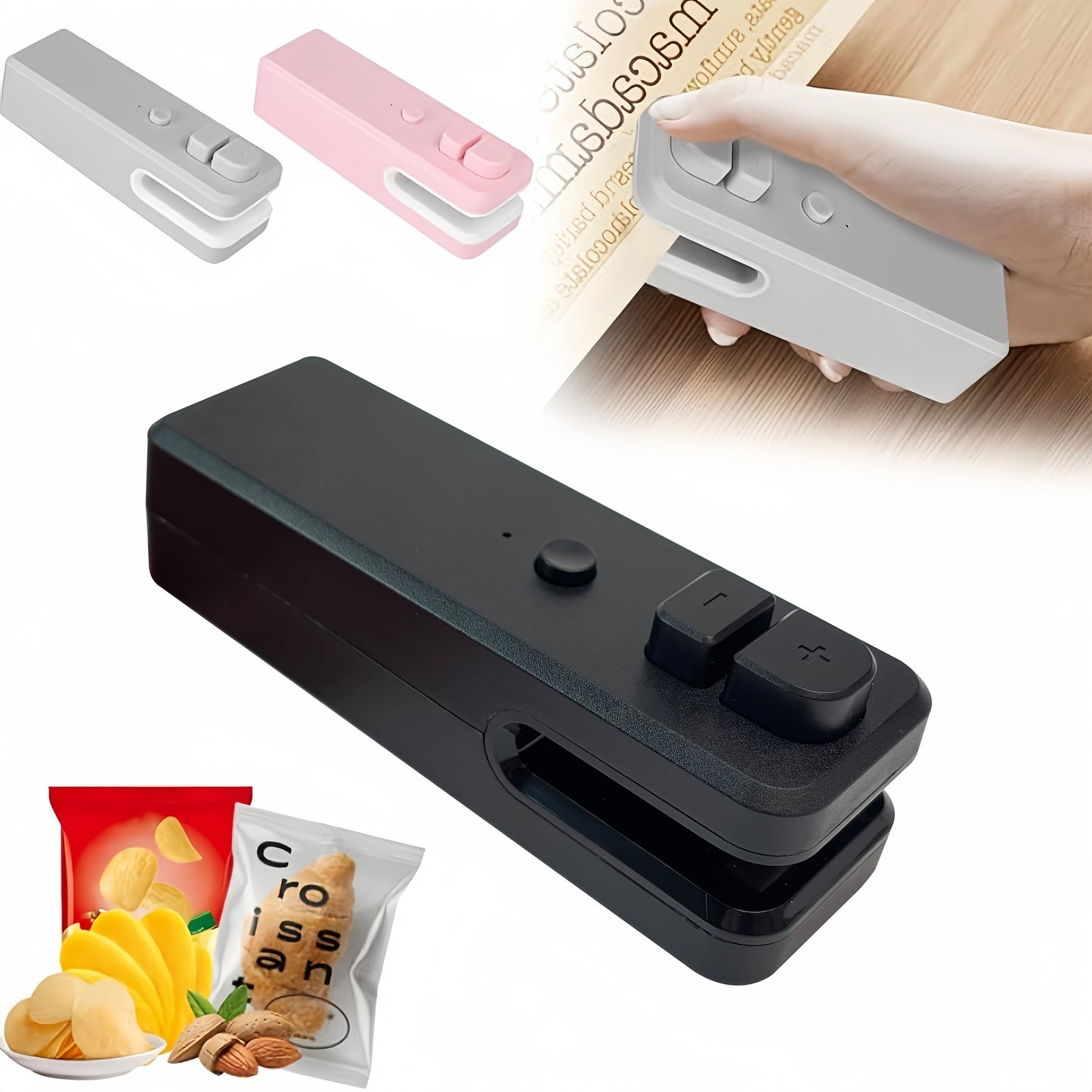 Introducing the WOSERLD 2 in 1 Mini Bag Sealer and Cutter! This handy tool features a rechargeable 12W ABS heat seal function, perfect for sealing plastic snack bags. The semi-automatic vacuum food sealer is portable with a magnetic design, USB charging