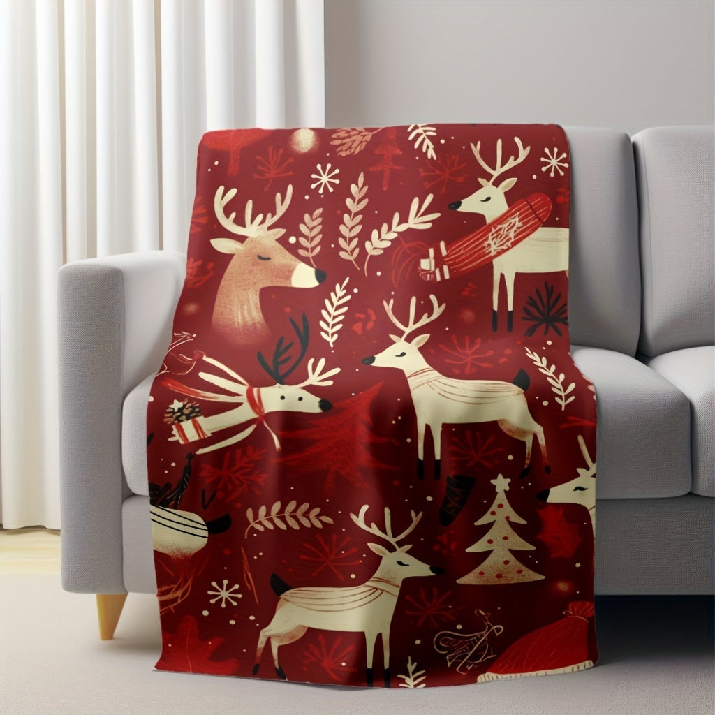 Stay cozy and festive with our 1pc Contemporary Style Red Christmas Reindeer Flannel Throw Blanket. This lightweight blanket is soft, warm, and comfortable, making it perfect for snuggling up on the sofa, taking a nap at home or in the office, camping