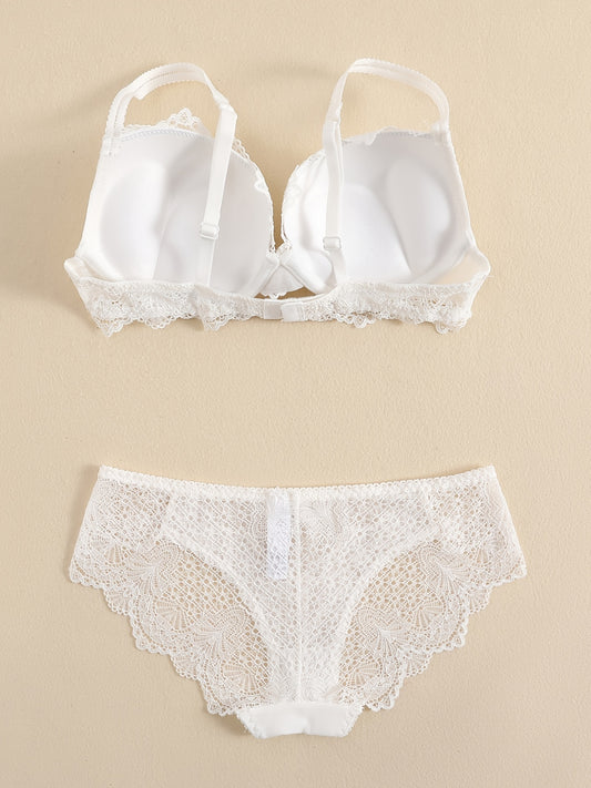 Floral lace lingerie set featuring a sexy push-up lace bra and bow tie panties for women.