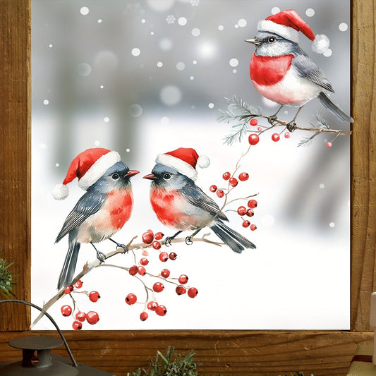 Decorative Art Deco Christmas Birds Window Decals featuring Red Berry Branches Glass Clings. These self-adhesive plastic stickers make the perfect festive home decoration. Each pack features single-use Santa Hat Bird motifs.