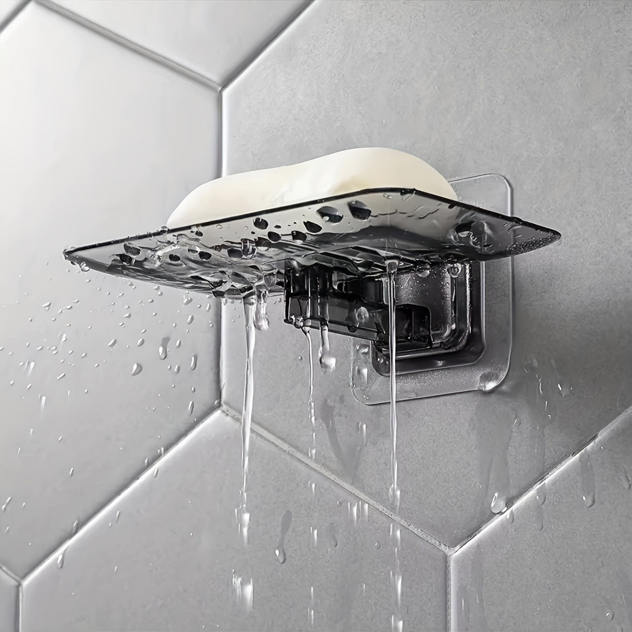 Wall mounted soap dish with draining rack for bathroom storage - no punching necessary.