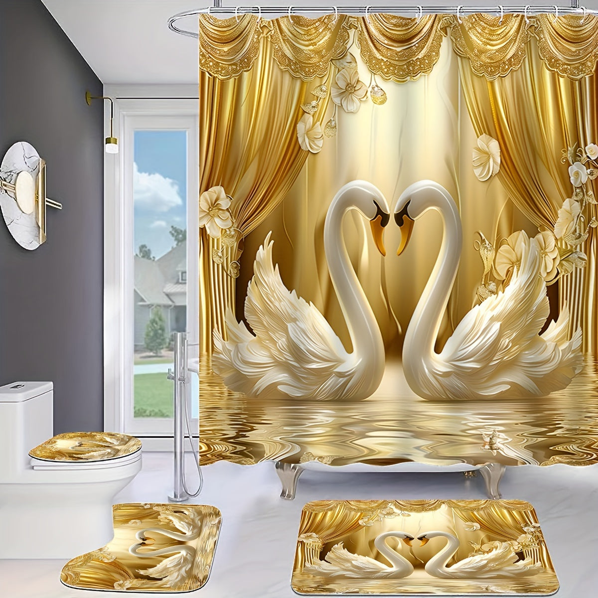 Golden 3D Swans Bathroom Set: Includes Free Hooks, Curtain, Mat, Seat Cover, And Rug - Ideal for Valentine's Day or year-round romance