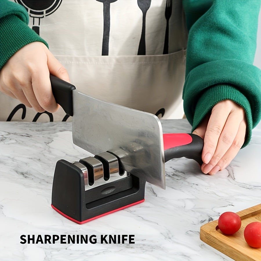 One piece 3-in-1 portable knife sharpener for manual, medium grit metal sharpening. This non-electric professional chef knife honing system is perfect for kitchen cookware accessories.