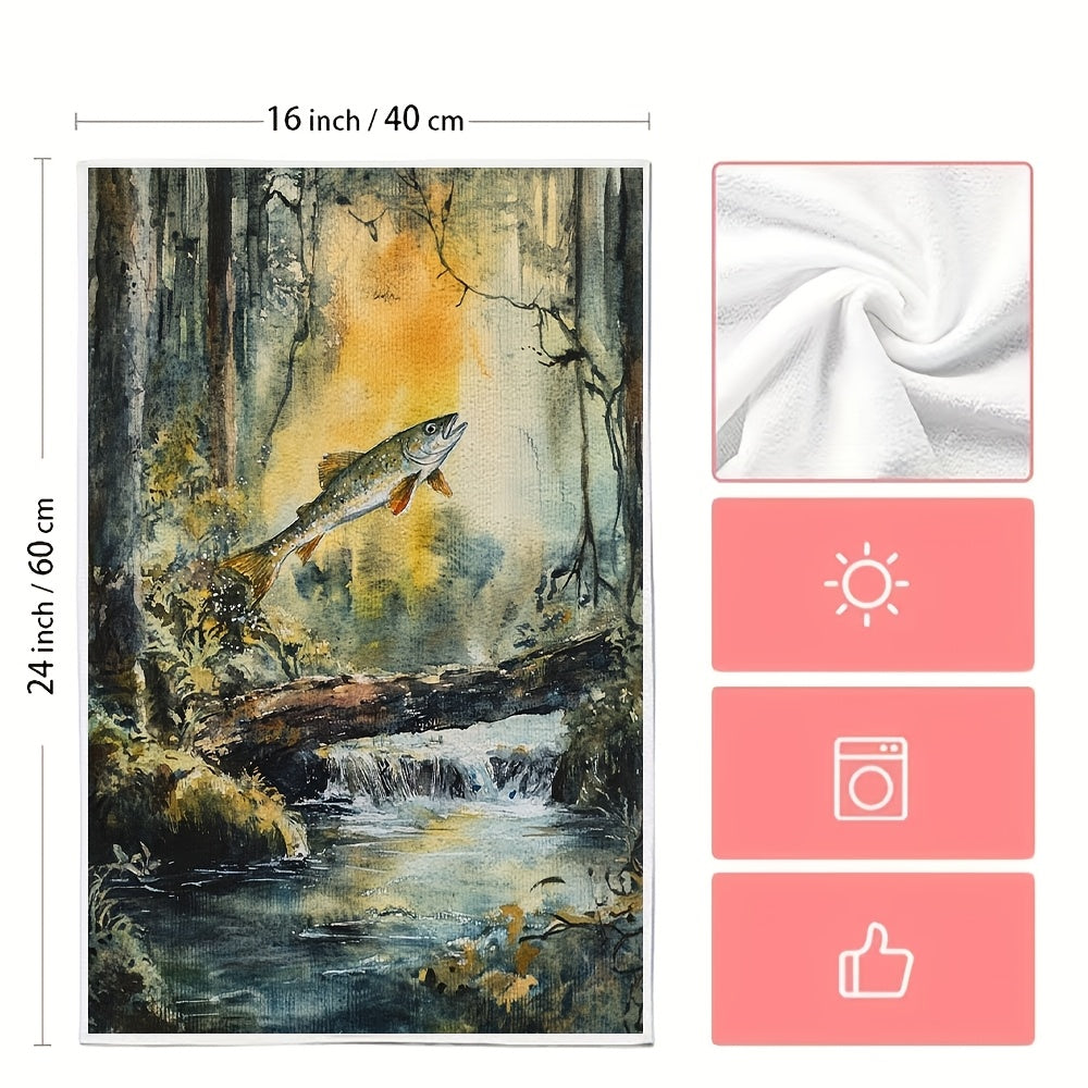 Two pieces of ultra soft kitchen towels featuring a serene forest stream and salmon jump design. These highly absorbent towels are machine washable and perfect for drying dishes or hands. With a contemporary style, each towel measures 40.64x60.96 cm.