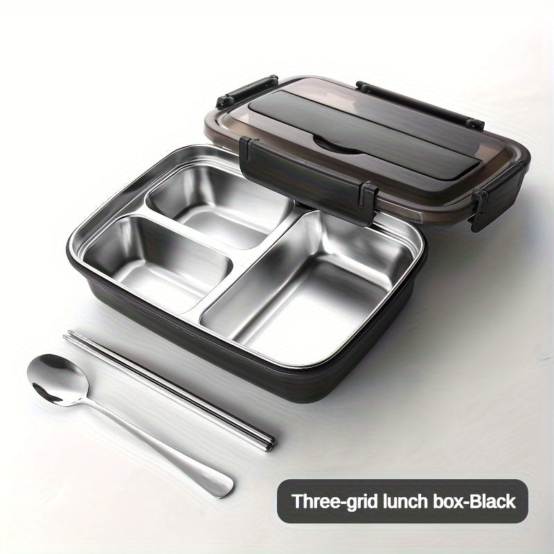 Leak-proof stainless steel lunch box with 3 compartments: ideal for students, office workers, and on-the-go meals.