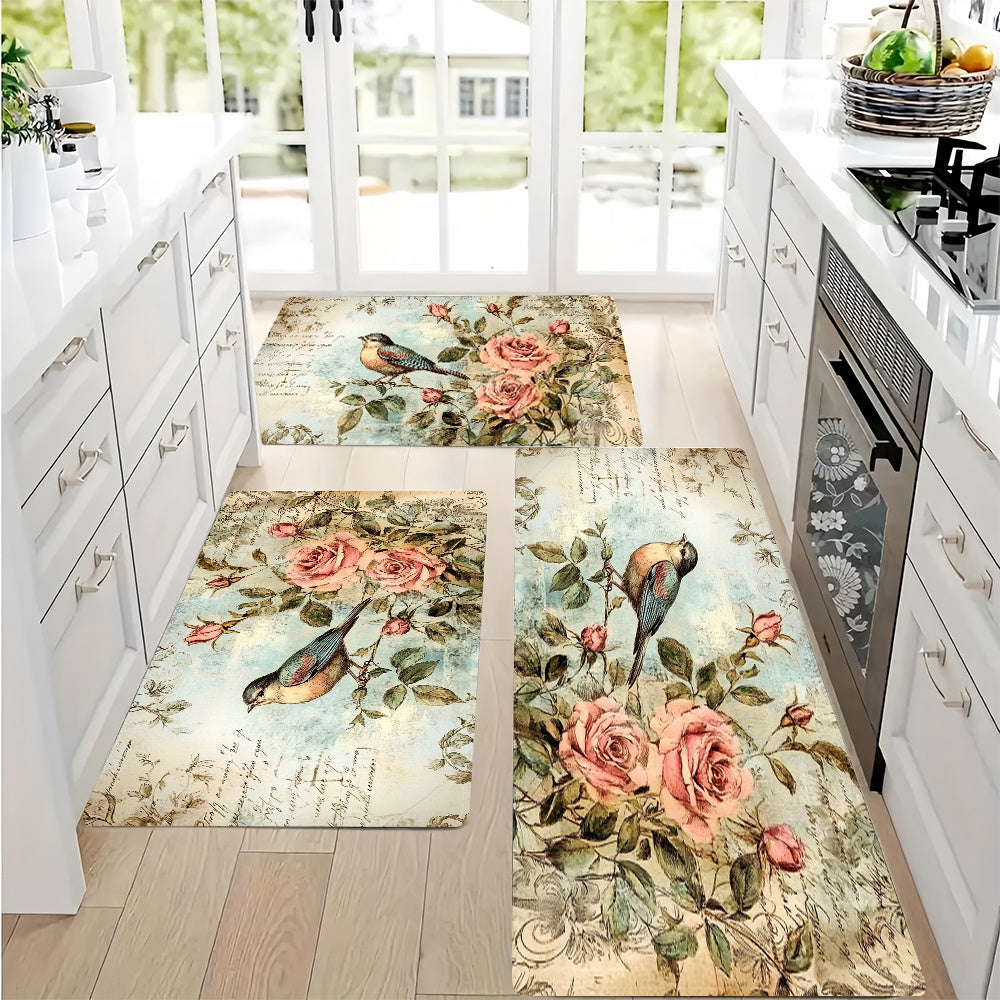 Vintage Rose & Bird Design Anti-Fatigue Kitchen Mat - Waterproof, Soft, Machine Washable Polyester - Non-Slip Mat for Home & Office Use