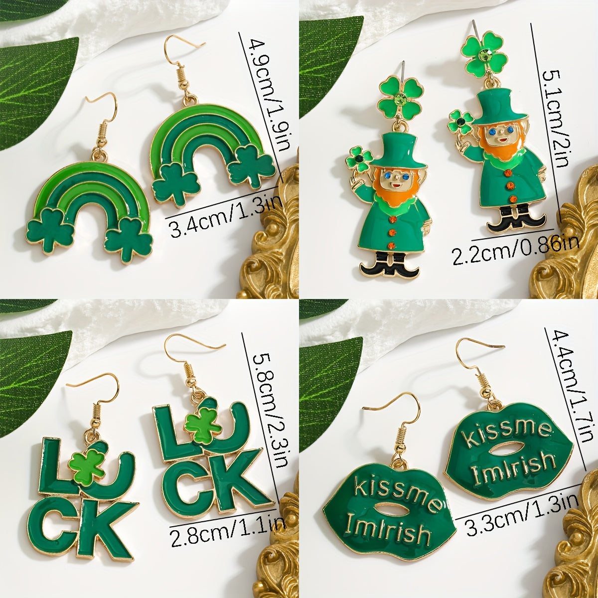 St. Patrick's Day Charm Earrings featuring a Lucky Clover and Rainbow Design adorned with Sparkling Rhinestones. Made with Stainless Steel Posts, these Earrings are crafted from Alloy, making them a Perfect Gift for Her. In Irish Green, Lip-shaped, Oil