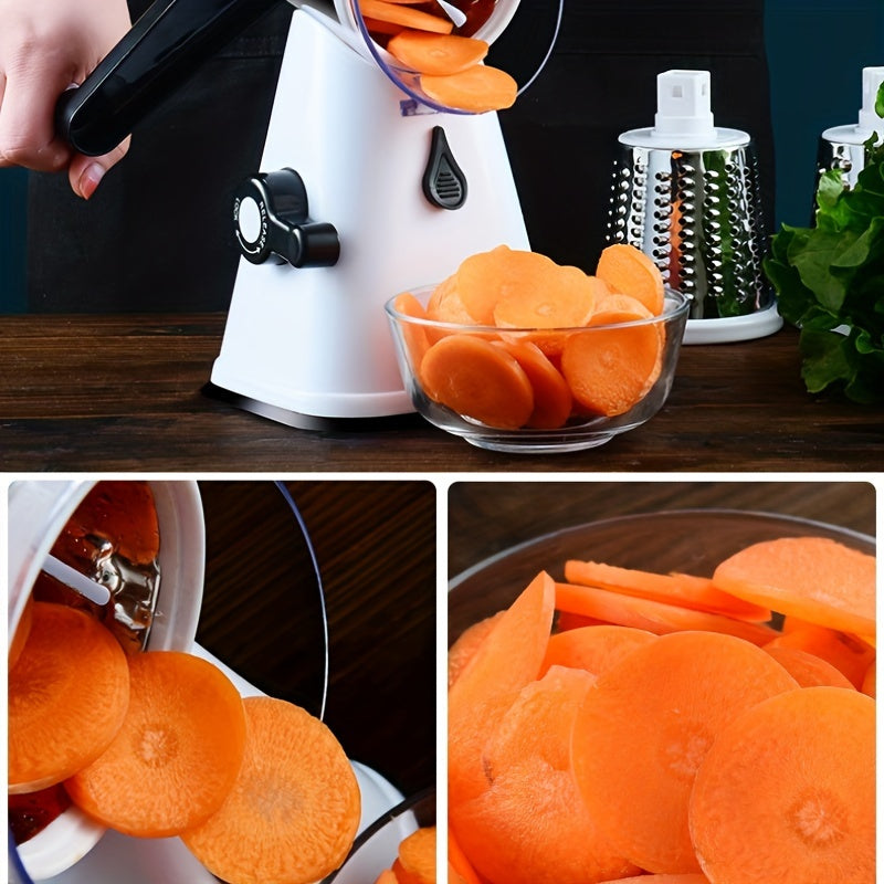 Handheld Kitchen Gadget with Safety Handle and Strong Suction Base - Manual Rotary Cheese Grater featuring 3 Stainless Steel Blades for Nut Grinding, Carrot Shredding, Fruit Slicing, and Potato Shredding.