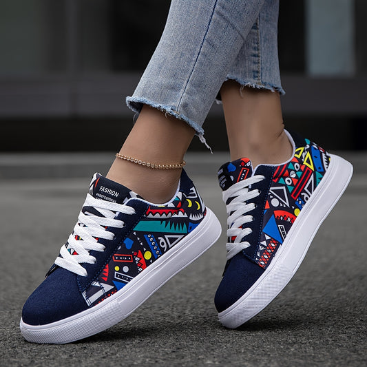 Unisex geometric pattern casual sneakers with lightweight design, lace-up closure, round toe, fabric upper, and EVA sole suitable for outdoor, walking, and daily wear.