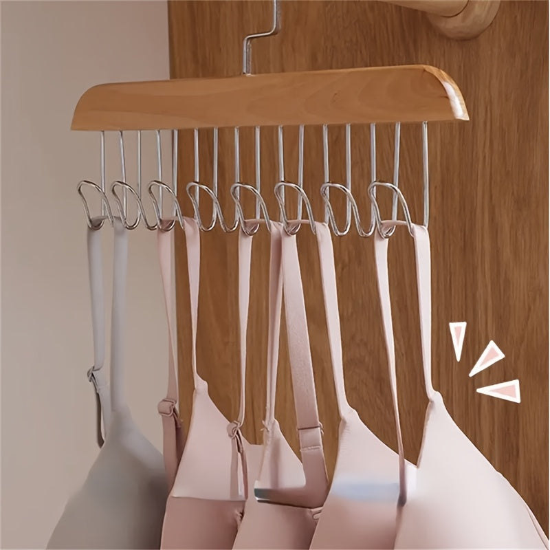 Versatile solid wood clothes hanger with 8 hooks for storage of underwear, vests, ties, and clothing. Ideal for use in clothing stores or as a clothes drying rack.