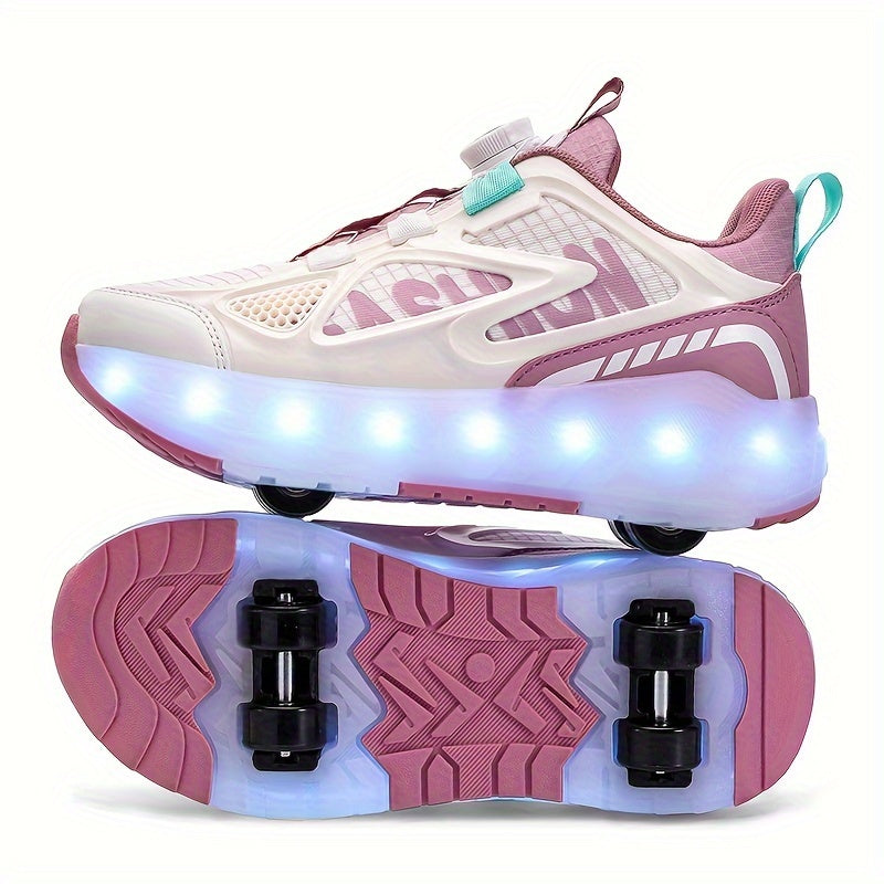 Fashionable roller skates designed for girls under 14 with detachable wheels, LED lights, breathable fabric, and a secure closure.