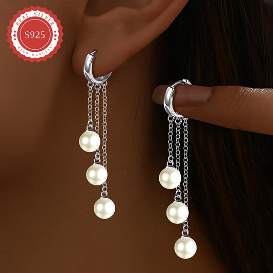 Women's Fashion Drape Earrings with Tassel Line and Multi-shell Bead Inlay, made of S925 Silver weighing 3.6g. Perfect for Christmas gift, wedding banquet, or as luxury elegant accessories. Comes in a gift box and is hypoallergenic.