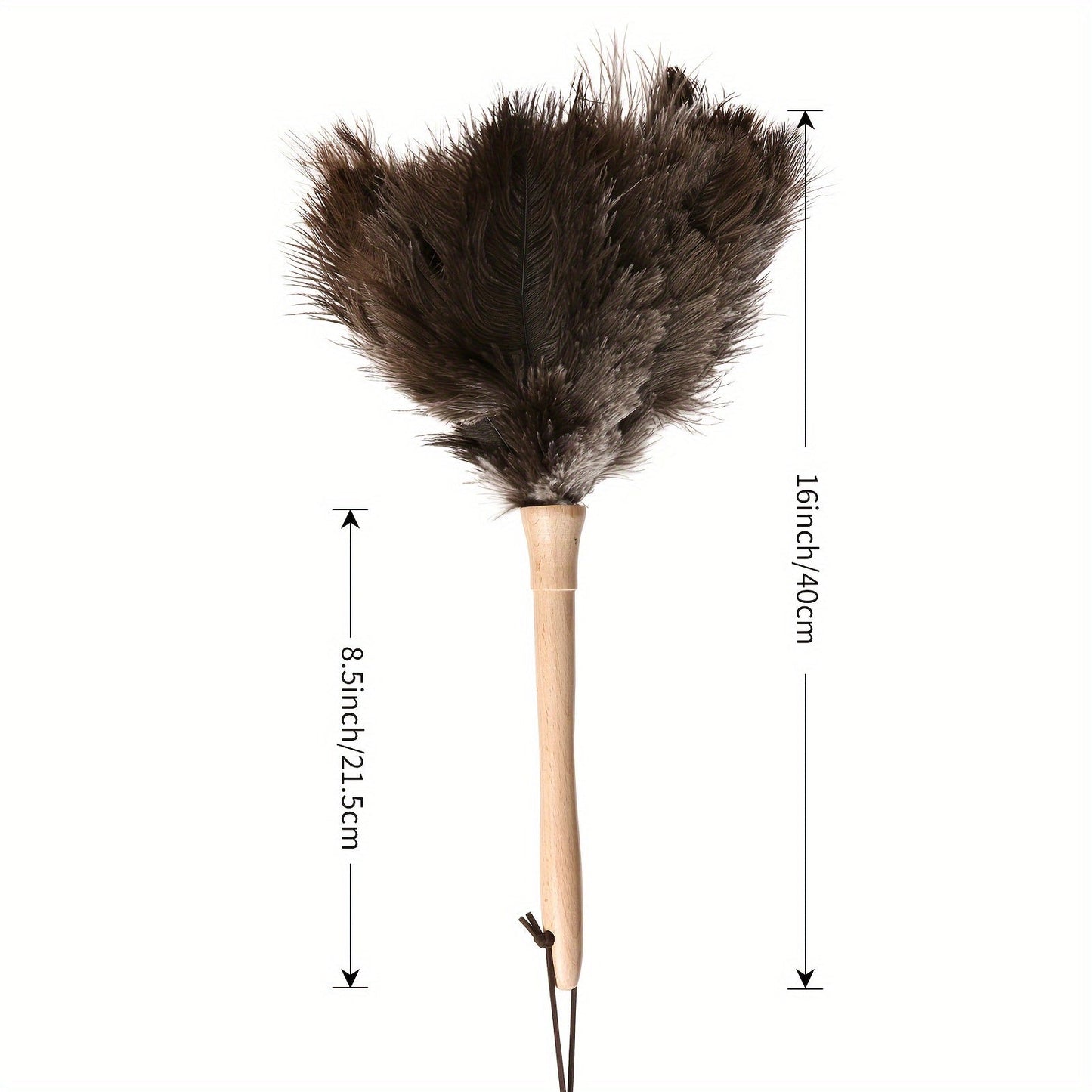 Natural feather duster with a fluffy 40.64 cm head and a wooden handle for cleaning homes, offices, and cars. Perfect cleaning supply.