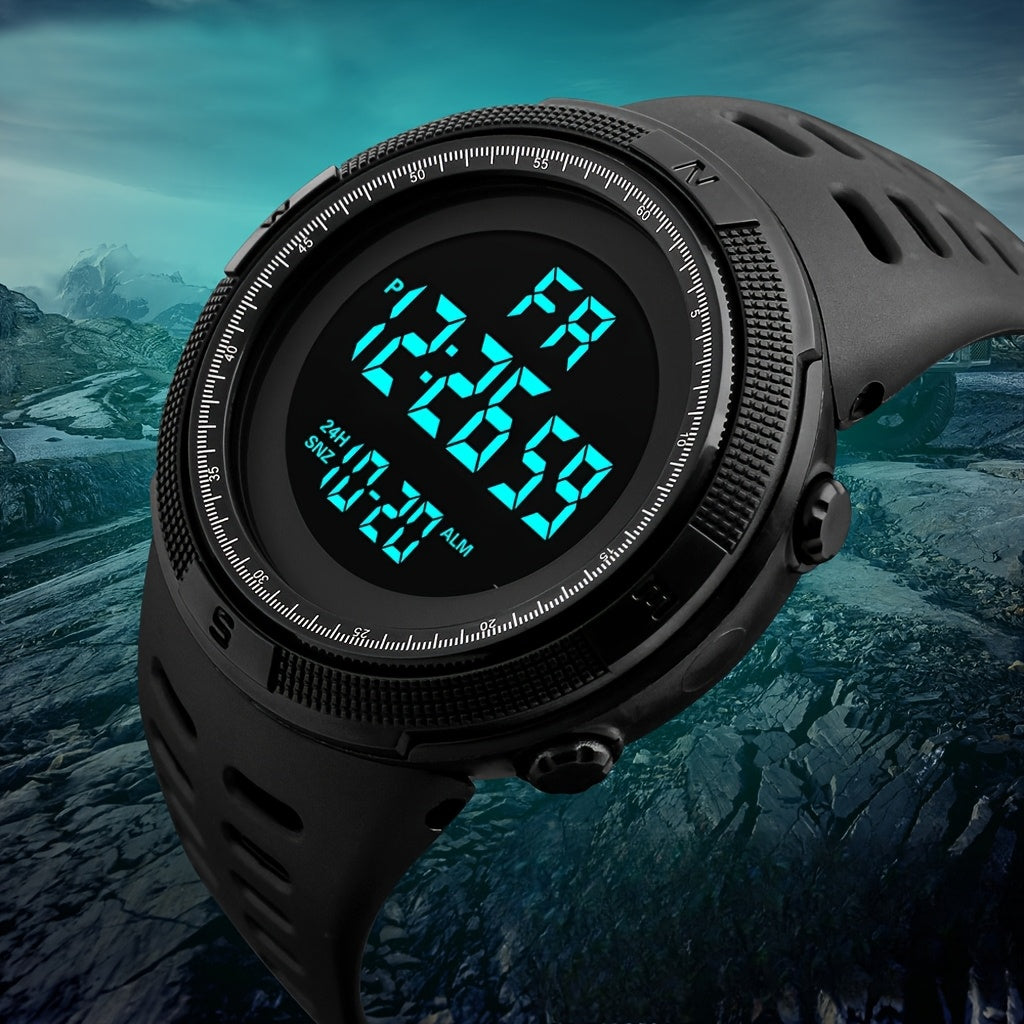 Unisex sports digital watch with large backlit display, silicone strap, date and week display, multi-function electronic movement, battery powered, plastic case - perfect birthday gift.