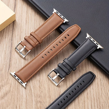 This preppy style calfskin leather watch band is the perfect replacement for your Apple Watch Series SE, 3, 4, 5, 6, 7, and 8. Available in sizes 38mm, 40mm, 41mm, 42mm, 44mm, 45mm, and 49mm, it features a stylish deployant clasp and is suitable for both